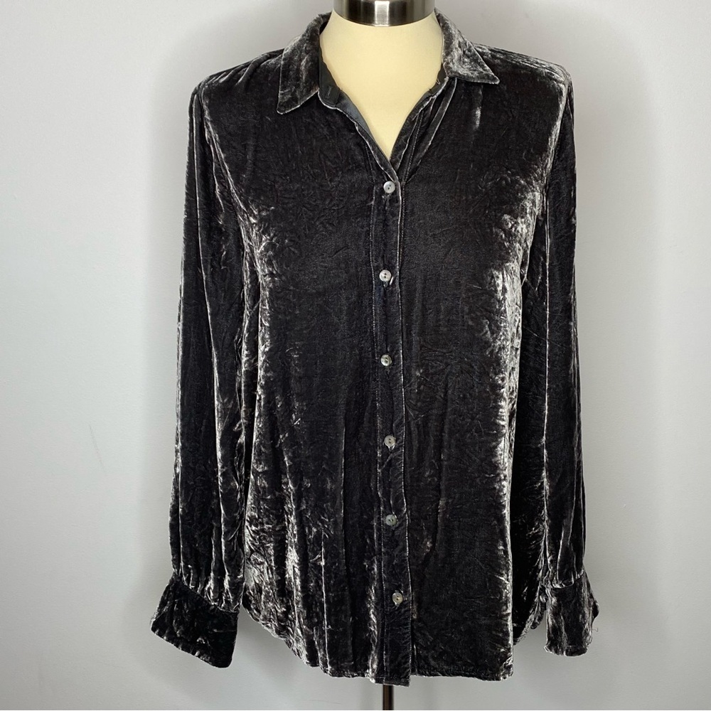 J. Jill Green Crushed Velvet Silk Button Front Blouse
